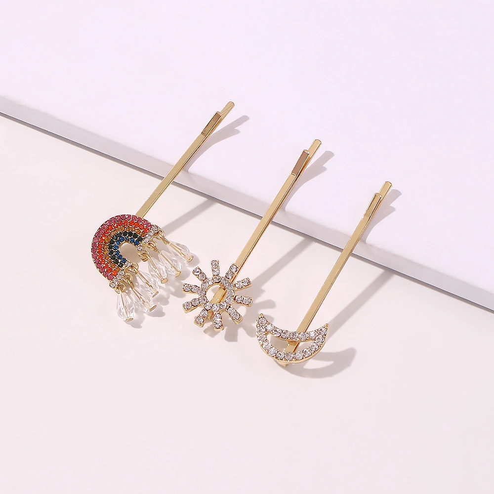 Retro Diamond-Inlaid Moon Snowflake Rainbow Hairpin One-Word Diamond-Inlaid Hairpin Set