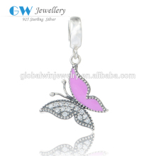 Elegant Silver Bead 925 Silver Butterfly With Crystal and Enamel Wing Dangle