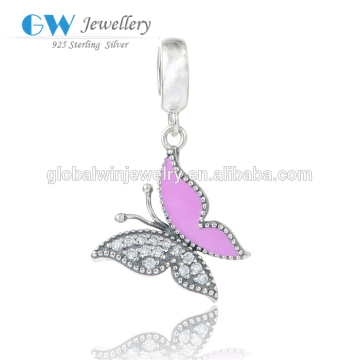 Romantic Dancing Pink Enamel Butterfly Sterling Silver Charms Pendant Charms