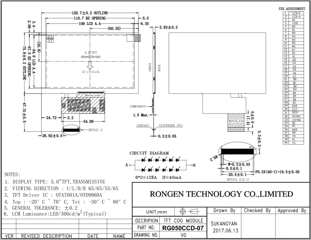 ODM 5inch LCD Screen 800X480 Display Rg050CCD-07
