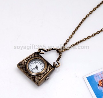 Vintage Cartoon HandBag Open Faced Pocket Watch Pendant Necklace