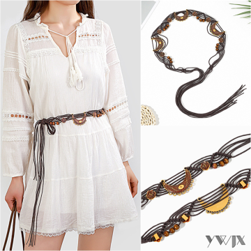 Floral Tassel Waist Rope with Bohemian Moon Design