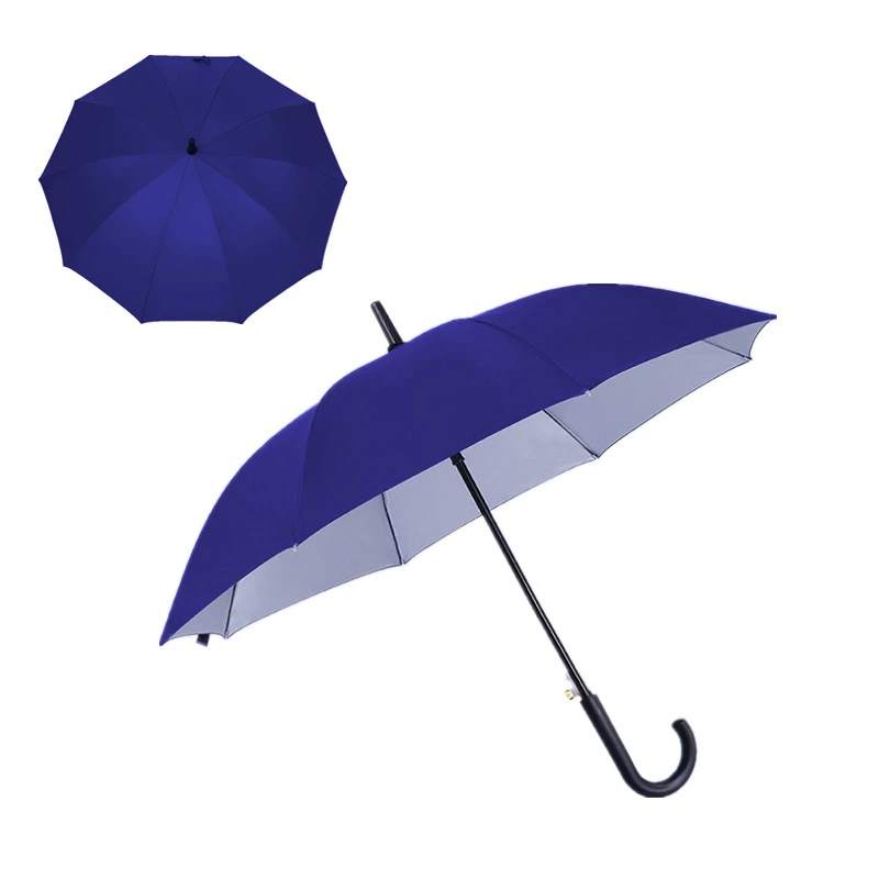 High Quality Auto Open Silver Coat 23 Inch Black Fiber Rib Rainproof UV Protection Straight Umbrellas with Custom Logo Print