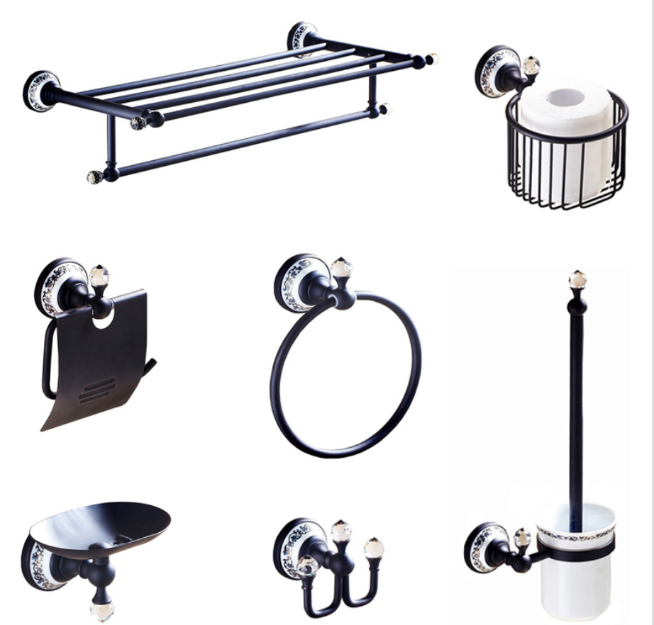 최고 판매 욕실 액세서리 교수형 수건 걸이 블랙 황동 세라믹 벽 마운트 수건 선반