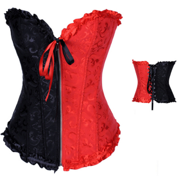Fashion Hit Color Black Red Corset Lace Up Waist Trainer Bustier Top Brocade Zipper Overbusr Corset Plus Size Corselet