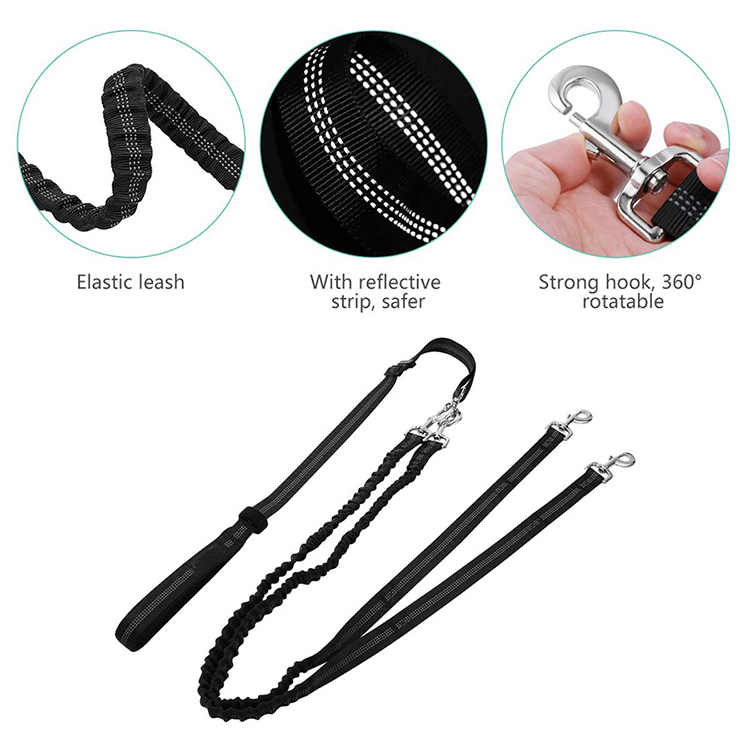 Reflective Heavy Duty Dual Double Dog Leash with Soft Handle and Comfortable Shock Absorbing Bungee