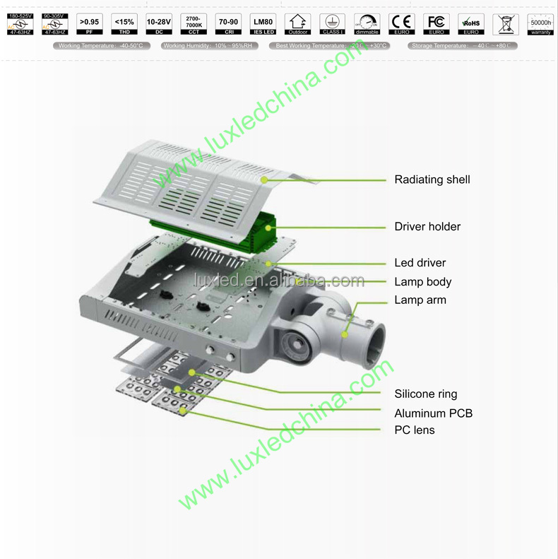 LUXINT IP65 Water Proof High Lumen Output CE & RoHs Adjustable Led Road Lamp Street Light 200w