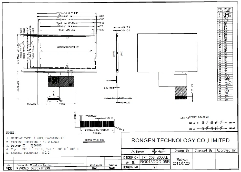 4.3inch High Brightness LCD Display with Touch Screen Rg043dqd-05r