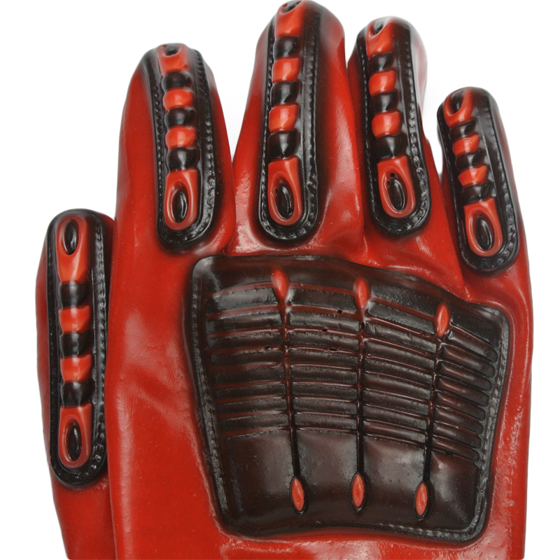 Guantes recubiertos de PVC rojo TPR con la mano