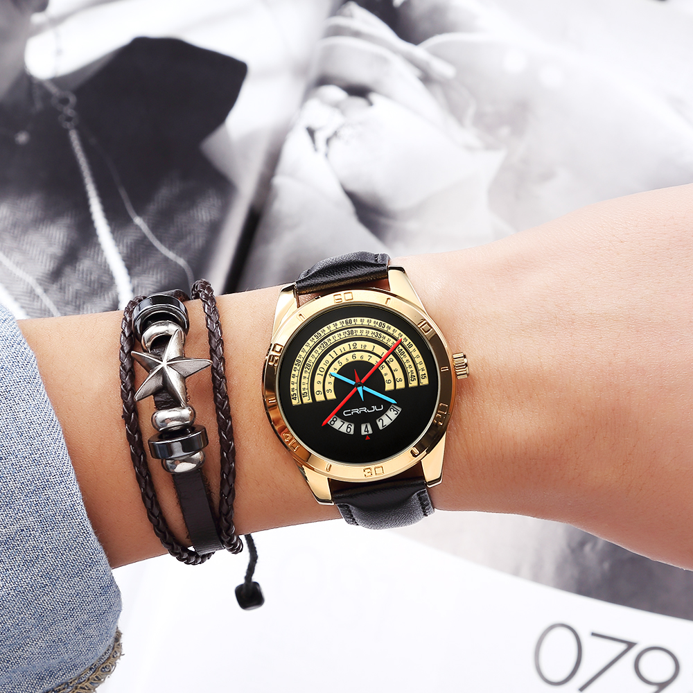 CRRJU Watch Men luxury Sports leather Funny Binary calendar Clock Japan Movement Waterproof Wrist Watch
