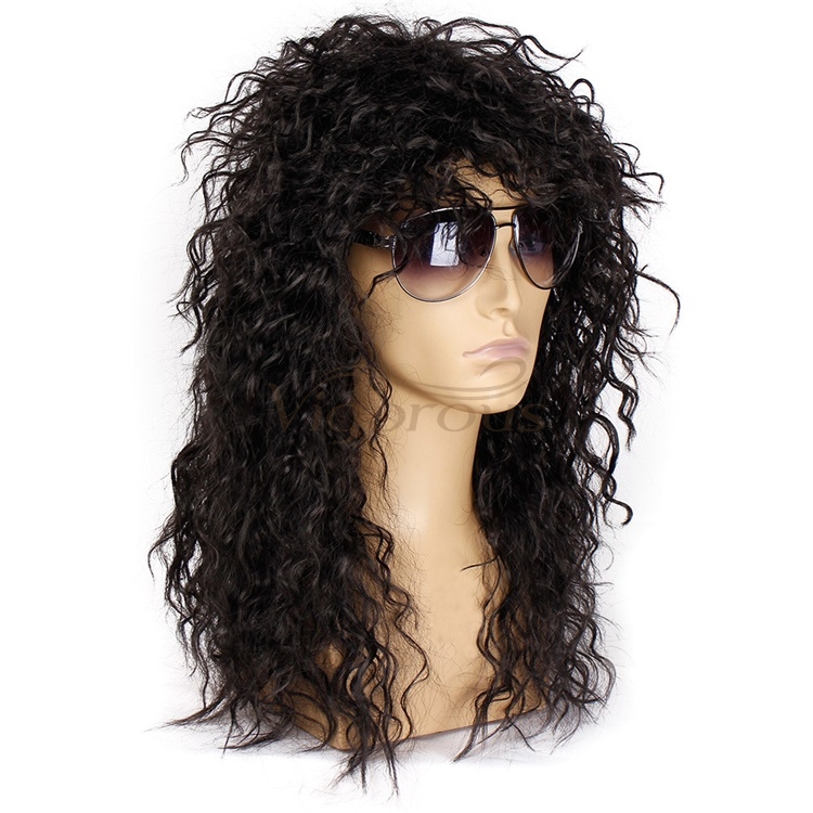 Vigorous Long Curly 80S Men Hair Wig Heat Resistant Synthetic Black Punk Puffy Headgear Fashion Heavy Rocker Style Cosplay Wig