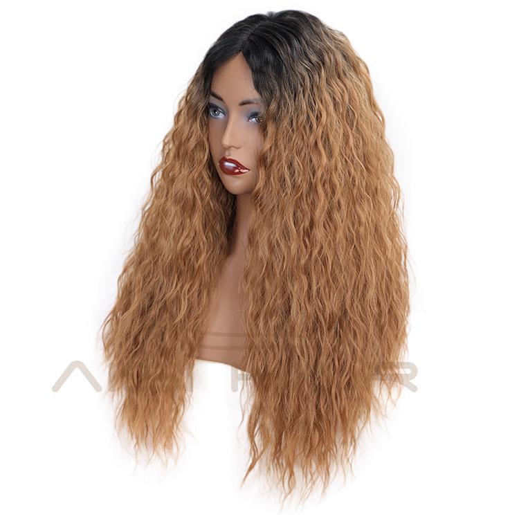 Aisi Hair Heat Resistant Synthetic Fiber Long Wavy Lace Part Wigs Ombre Brown Long Wave Wigs for American African Women