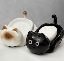 Handmade Cat Soap Dish - Ceramic Black White Kitty Bathroom Decor