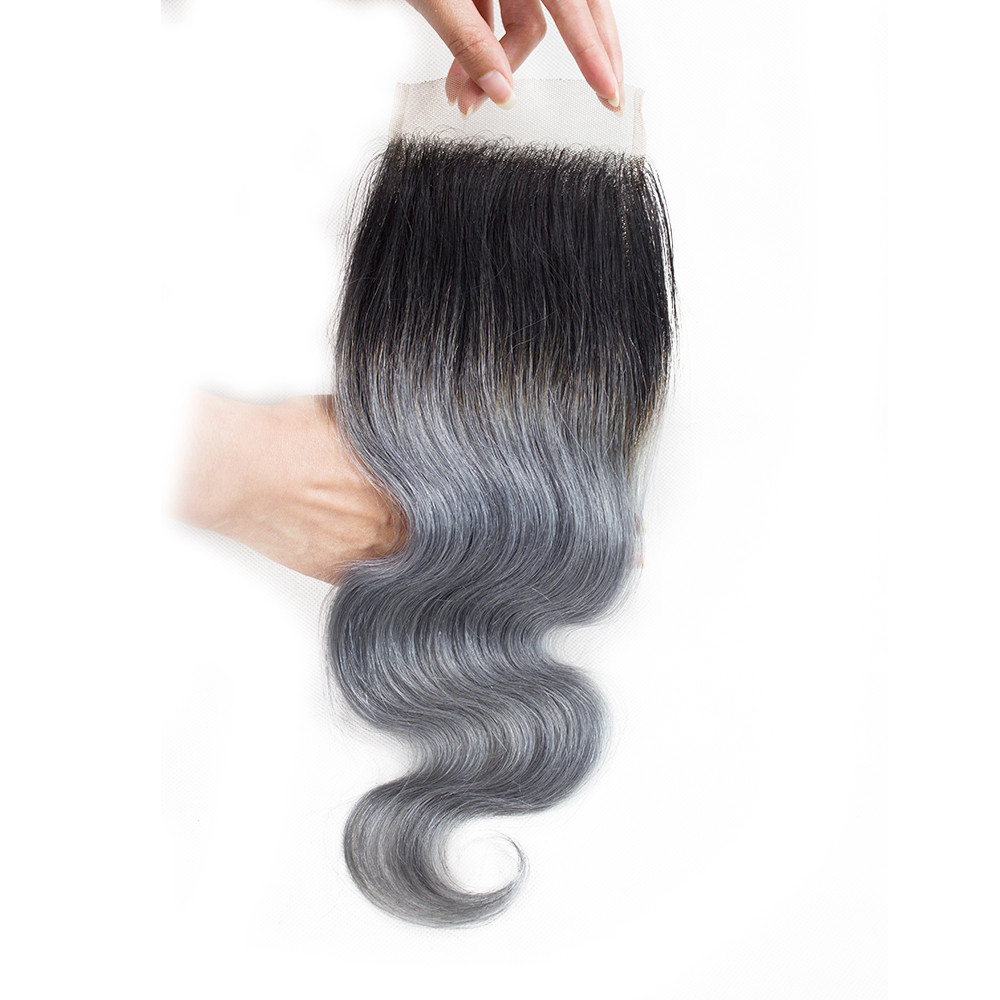 4x4 lace closure 1b/grey ombre color body wave human hair closure virgin brazilian 4*4 lace closure