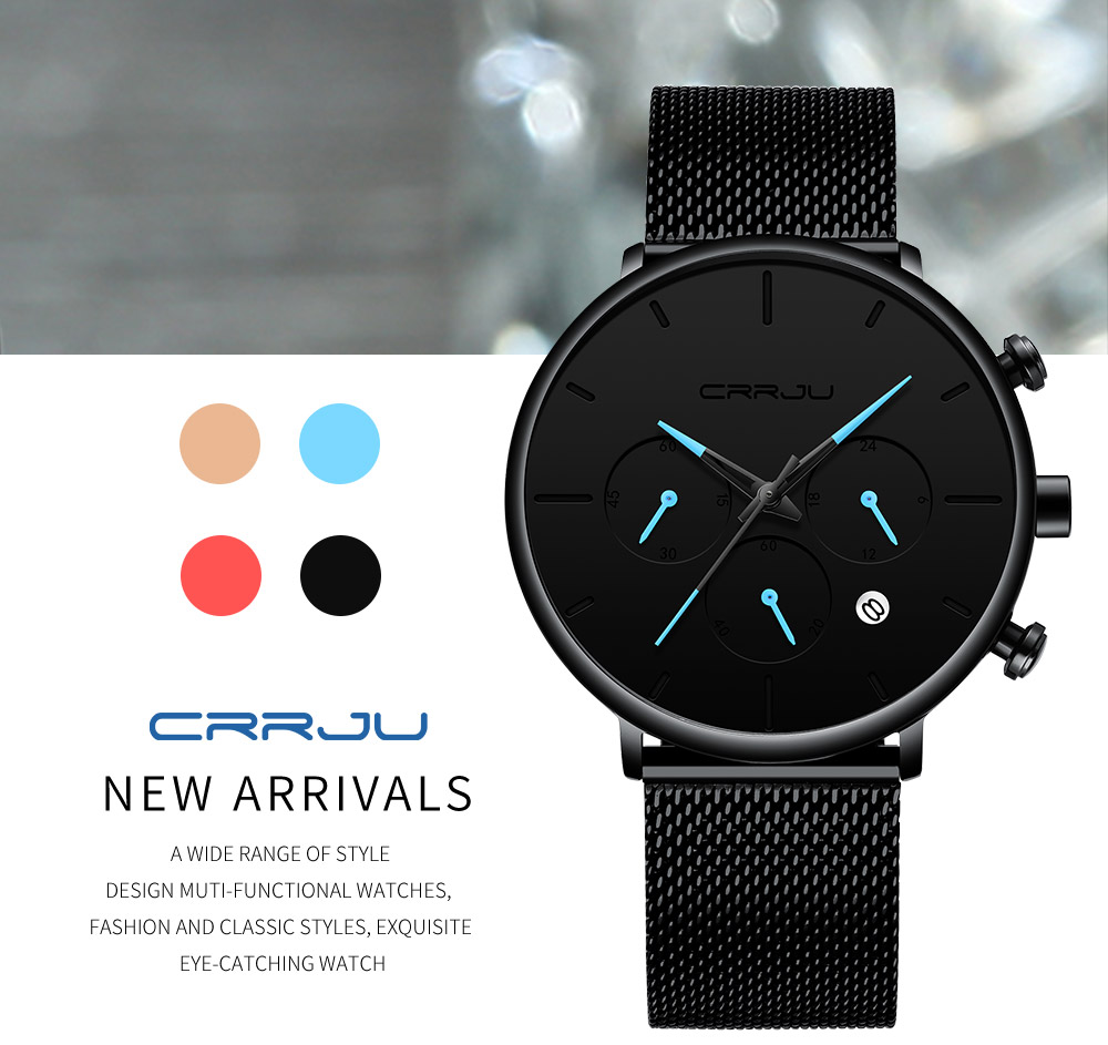 CRRJU Mens Business Dress Watches Luxury Casual Waterproof Sport Watch Men 3 eyes Dial Quartz Slim Mesh Watch Relogio Masculino