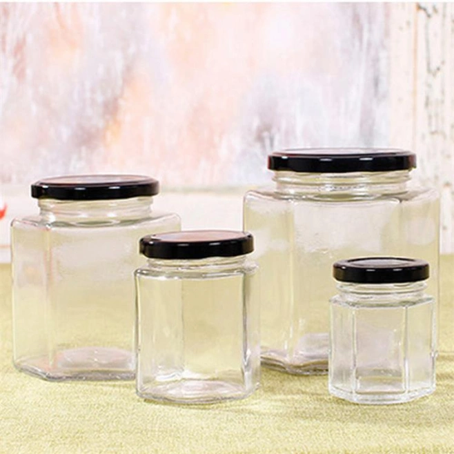 Wholesale Special Shape Hexagonal Glass Bottle with Lid Many Different Kinds