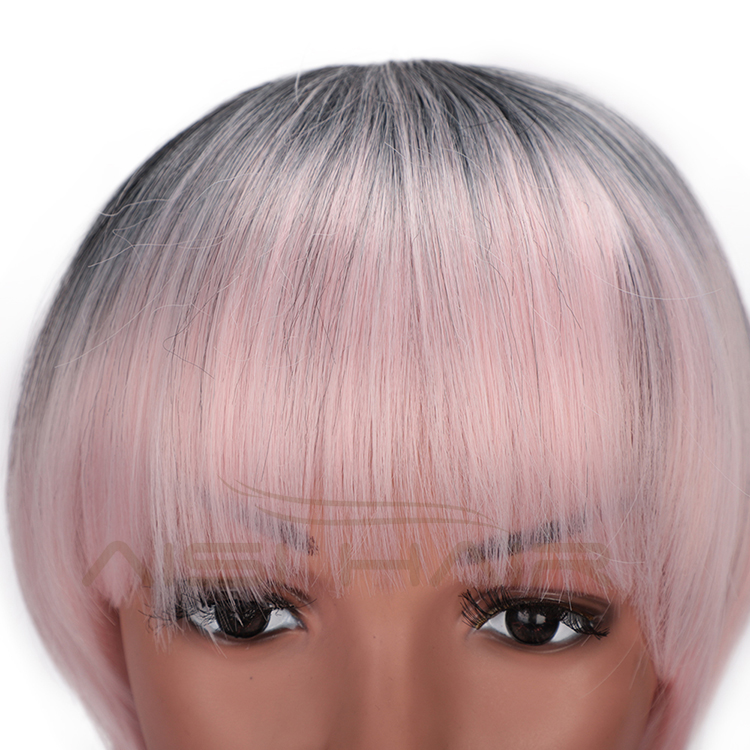 Aisi Hair High Temperature Fiber Straight Short Bob Wigs Ombre Pink Short Bob Wigs with Neat Bangs Cosplay Short Bob Wigs