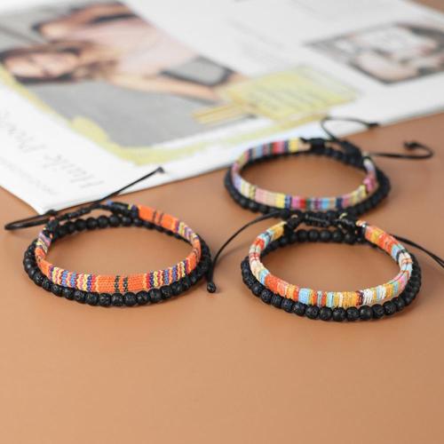 2pc a Set 6mm Black Lava Stone With Woven Bohemia Bracelet