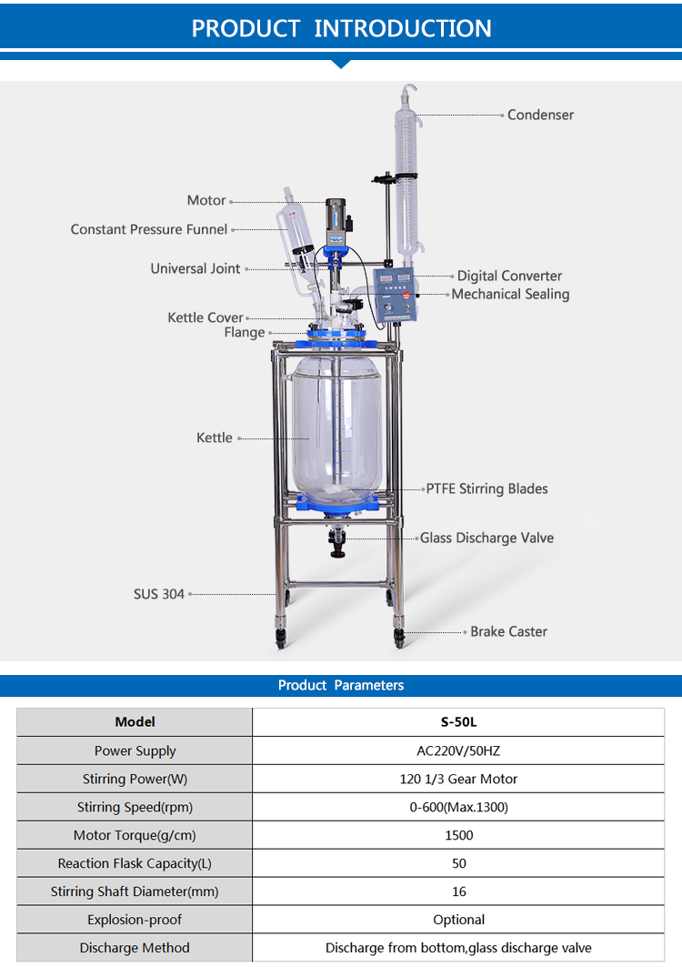 50L Jacketed Chemical Glass Polymerization Reactor