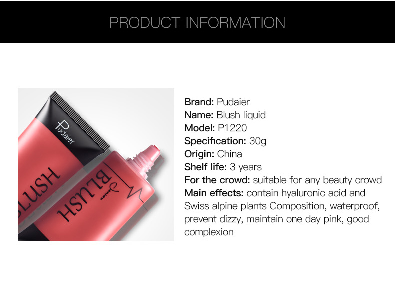 Pudaier Fashionable Blusher OEM 4 Colors Liquid Blush Waterproof Blush Makeup