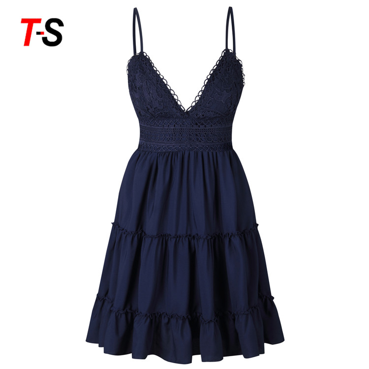 Best selling Summer Sweet Casual Party Style Dresses Striped sling sexy v-neck bow lace splice dress