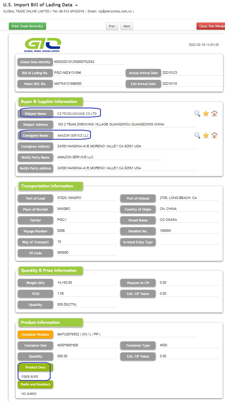 Rope de fibra - EUA Importar dados comerciais