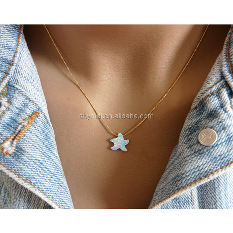 Sea star starfish opal pendant necklace,natural stone 925 sterling silver jewelry