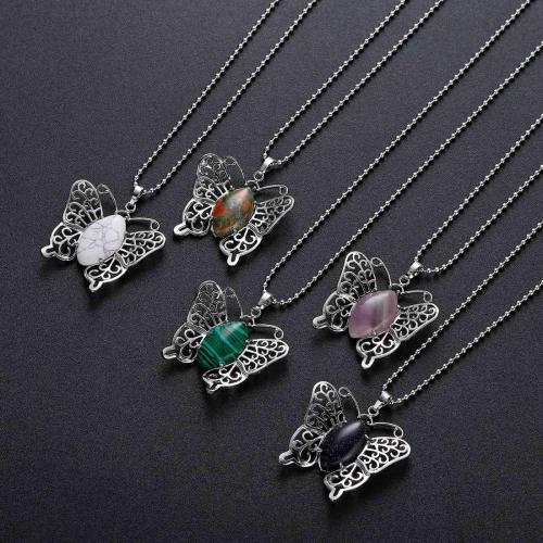Vintage Gemstone Silver Alloy Butterfly Pendant Necklace for Women Gemstone Quartz Healing Crystal Girls Dating Jewelry