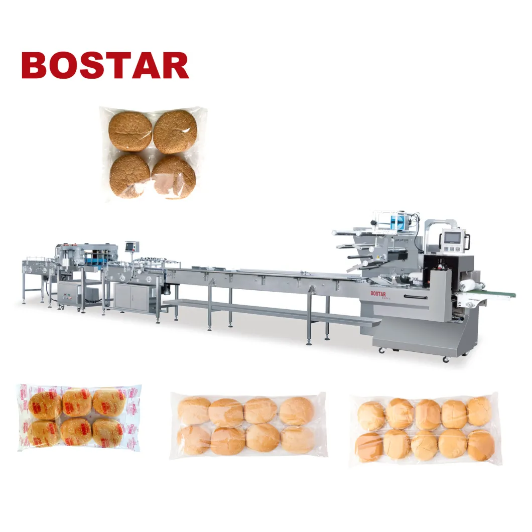 Máquina embaladora automática de pão de hambúrguer com três servomotores de alta qualidade