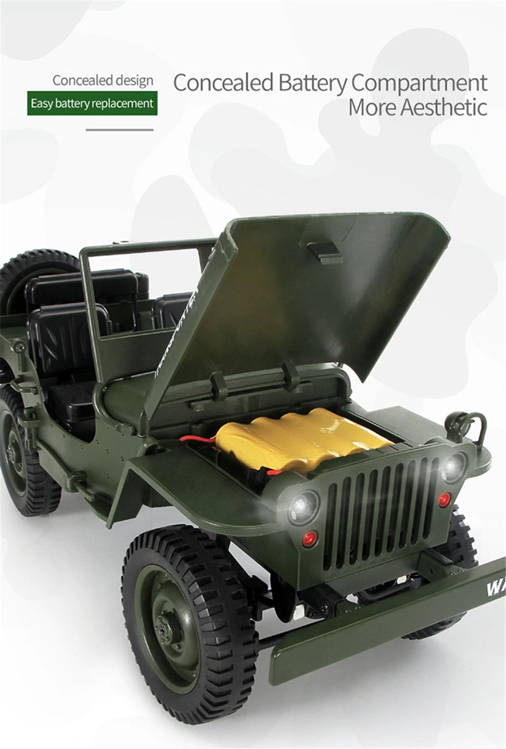 JJRC Q65 1:10 RC Car 2.4G 4WD Convertible Remote Control Light Jeep Four-Wheel Drive Off-Road Military Climbing Car Toy Kid Gift