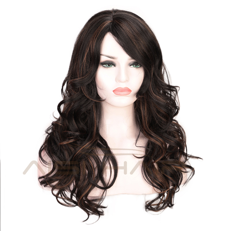 Heat Resistant Black Mixed Black Body Wave Synthetic Long Wavy Fiber Hair Wig For Black White Women Cosplay  Wigs