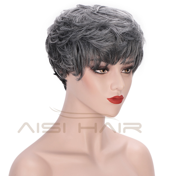 Aisi Hair Heat Resistant Fiber Straight Short Hair Bob Wigs with Neat Bangs Grey Mixed Black Short Bob Wigs for Women