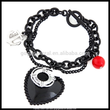 Mixed Layers Link Chain Ring Anchor Black Heart Tag Bracelet