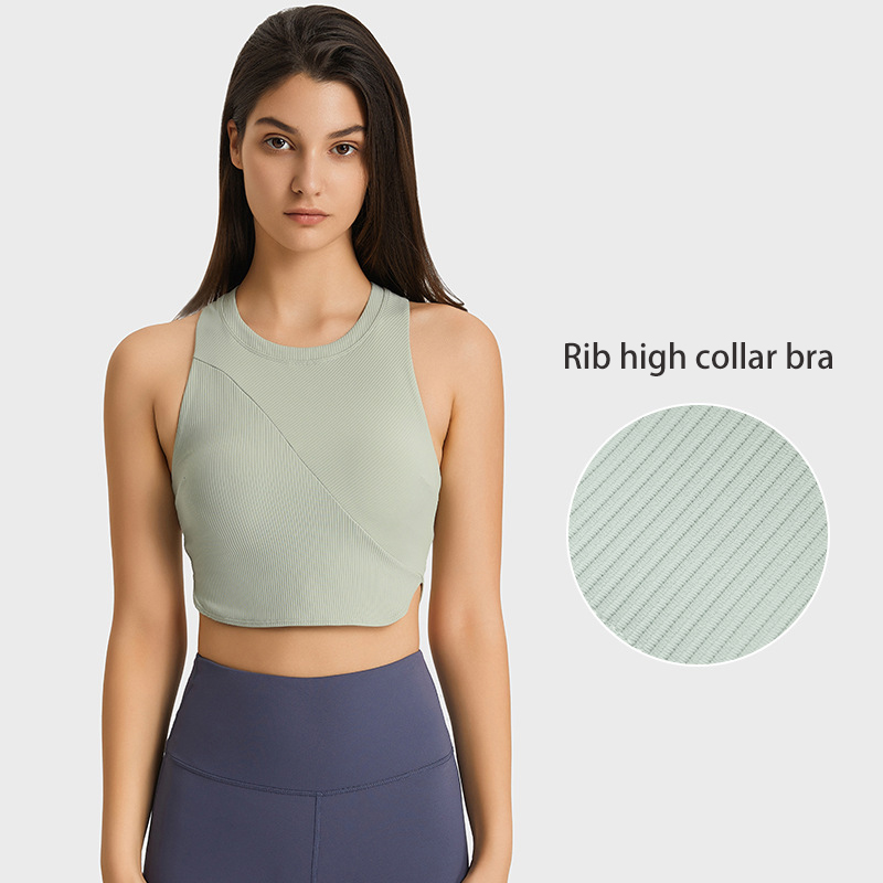 Rib High Neck Top Women Racerback Yoga Bra