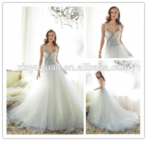 High Quality wedding dress 2016 off shoulder Sexy V neckline tulle skirt wedding dress DM-042 new fashion grey bridal dress