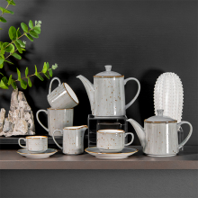 Vintage European Grey Porcelain Tea Cup Set with Teapot for Afternoon Tea