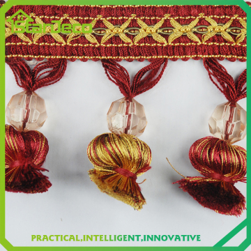 polyester curtain lace with acrylic beads, curtain tassel fringe