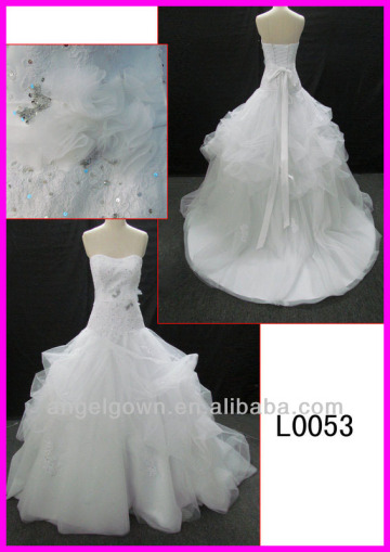 2014 guangzhou real ruffled Organza ball wedding gowns/bridal dress with beading/sequin lace and ribbon sash/belt L0053