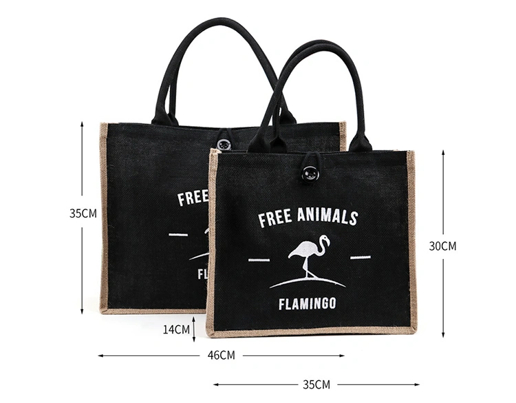 China Manufacturer Custom Printing Black Burlap Flamingo Burlap Printing Tote Recycled Shopping Bags Jute Grocery Bag