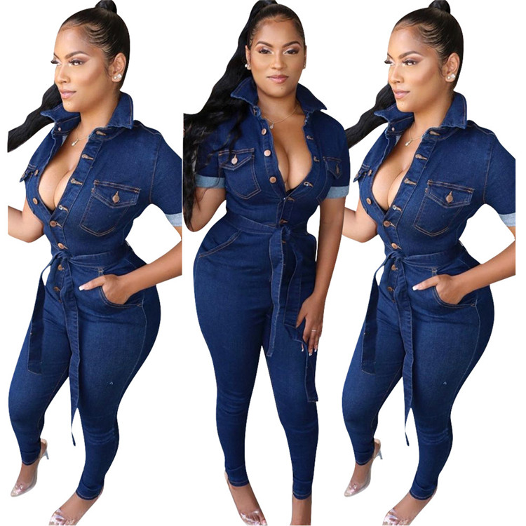 C3694 women autumn clothing stretch rompers lady's full length denim jumpsuit washed jeans for woman 2019 whole sale