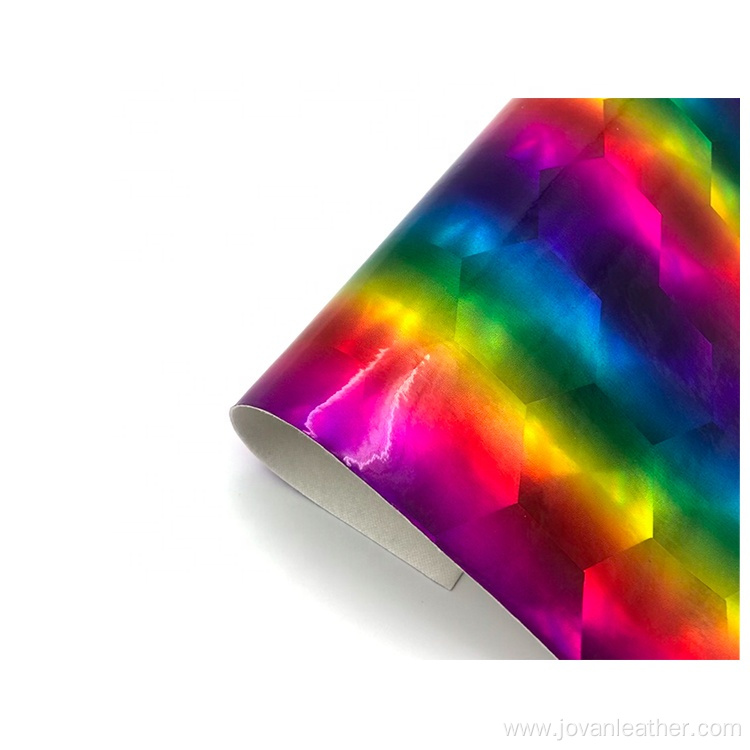 Rainbow holographic PU faux neon leather fabric