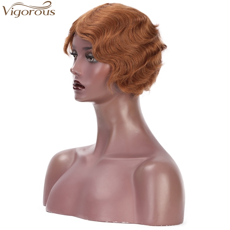 Vigorous Short Human Hair Finger Wave Wig Pixie Cut for African American Women Brazilian 100% Human Hair Light Auburn Color