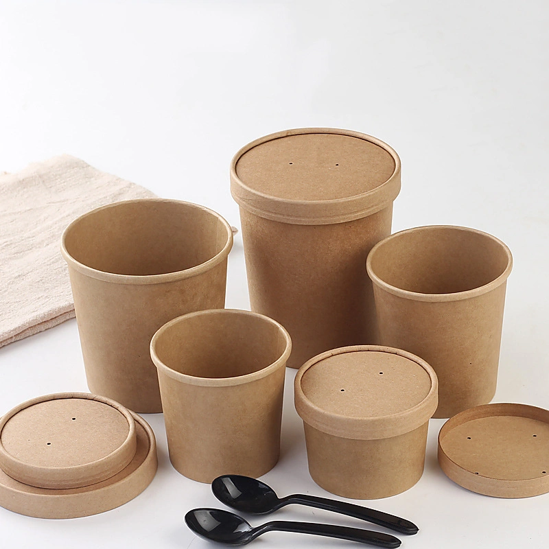 Kraft Paper Food Soup Cup Takeaway Containers for Hot or Cold with PP/Paper Lid 8oz, 12oz, 16oz, 26oz, 32oz