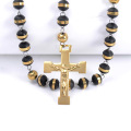 Svart Gummi Pärlor Katolska Rosary Cross Necklace