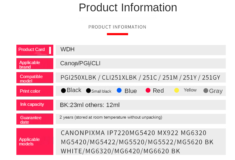 Compatible with Can PGI-250  CLI-251XLInk cartridge MG5420 MG5520 MG5522Printer ink cartridge Photo poster color print