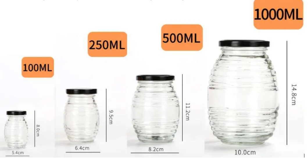 100ml-730ml Glass Round Shape Honey Jars with Honeycomb and Screw Thread Pattern, Glassware Metal Cap, Jam Jars, Glassware