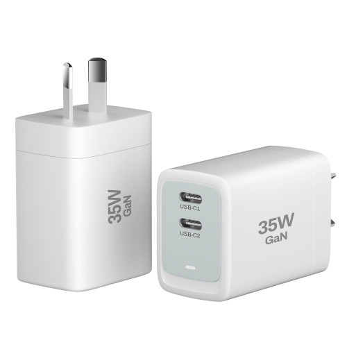 35 W 2 PD Foldable plug and multi-color bottom box fast charger for mobile device.