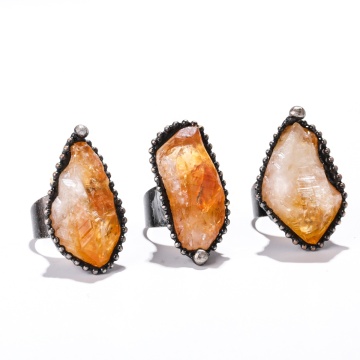 Raw Crystal Yellow Quartz Citrine Stone Bohemian Ring