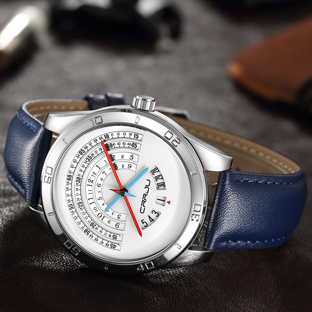 CRRJU Watch Men luxury Sports leather Funny Binary calendar Clock Japan Movement Waterproof Wrist Watch