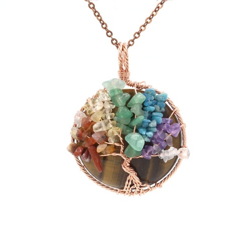 Tree of Life Wire Wrapped Natural Gemstone Healing Crystal Round Pendant Necklace